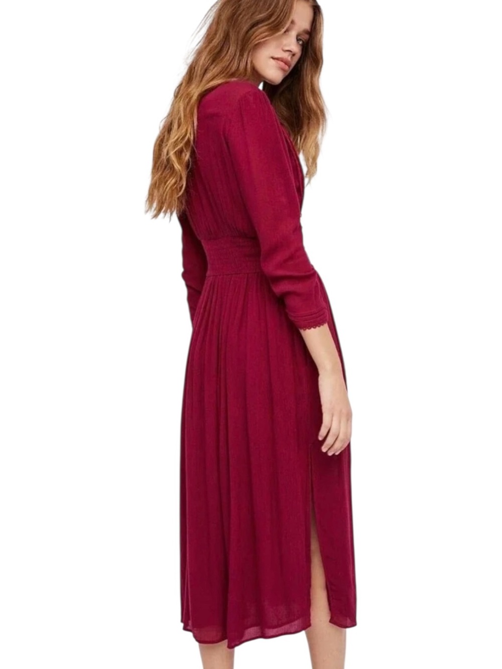 Free People Floral Embroidered Folk Gauzey Midi Dress S Cranberry Red Peasant - Picture 6 of 14